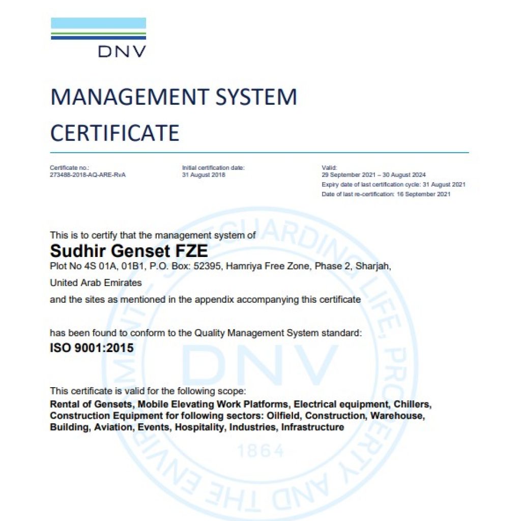 Quality Management System standard: ISO 9001:201 certificate